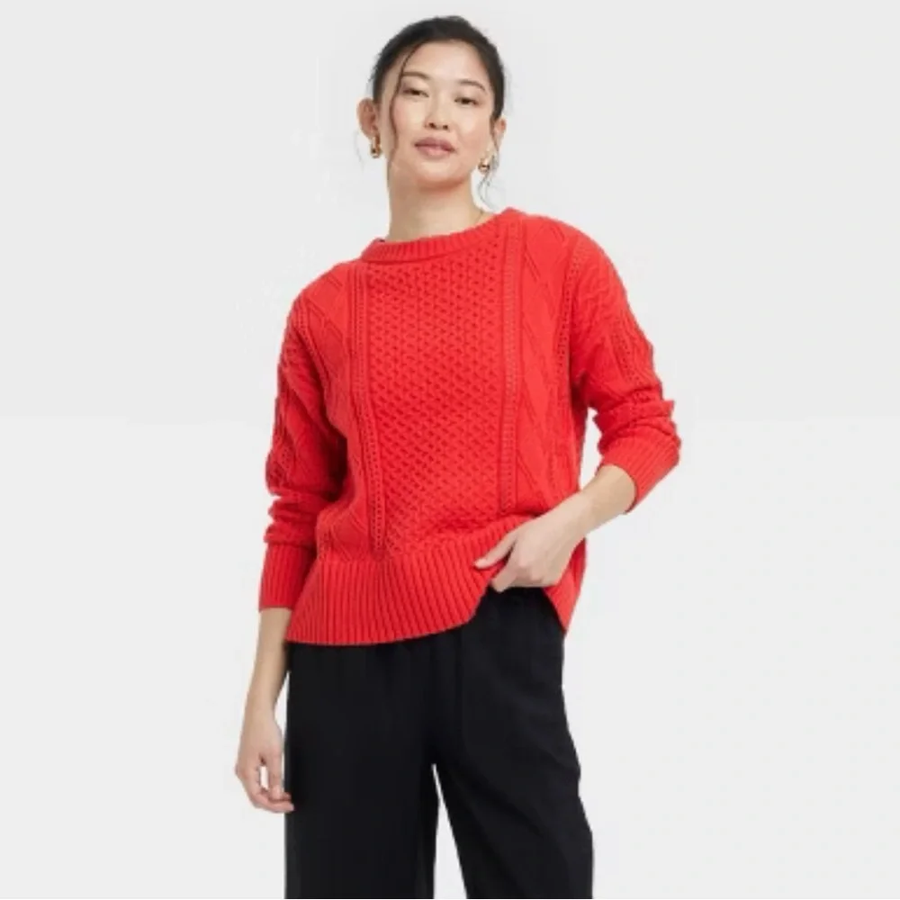 NWT A New Day Red Cable Pointelle Knit Sweater Women’s M